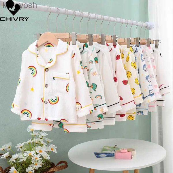 Pigiama per bambini Estate Pigiama sottile Imposta Nuovo 2023 Ragazzi Ragazze Cotone Lino Cartoon Manica lunga Camicia con risvolto Top con pantaloni Baby Home WearL231109