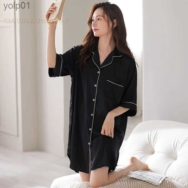 Mulheres sleepwear verão seda-como cetim lapela noite saias vestidos elegantes camisolas femininas camisola cardigan sleepshirts senhoras vestidos de dormir l231109