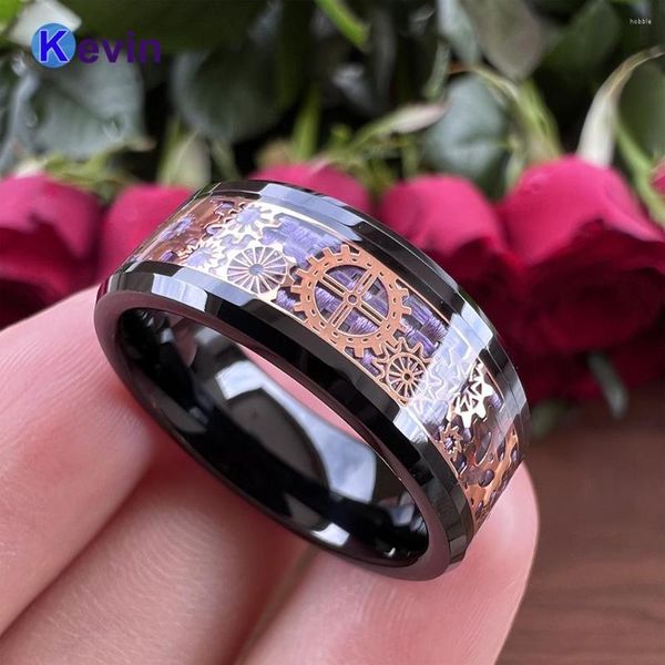 Alyanslar Erkek Kadın Siyah Band Tungsten Yüzük Mor Karbon Fiber Gül Steampunk Dişli Tekerlek Kakmı 6mm 8mm Mevcut