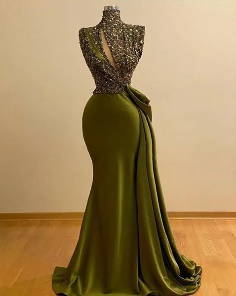 Vestido de baile festa caçador verde vestidos de noite personalizado plus size rendas até zíper novo cetim sereia gola alta sem mangas lantejoulas