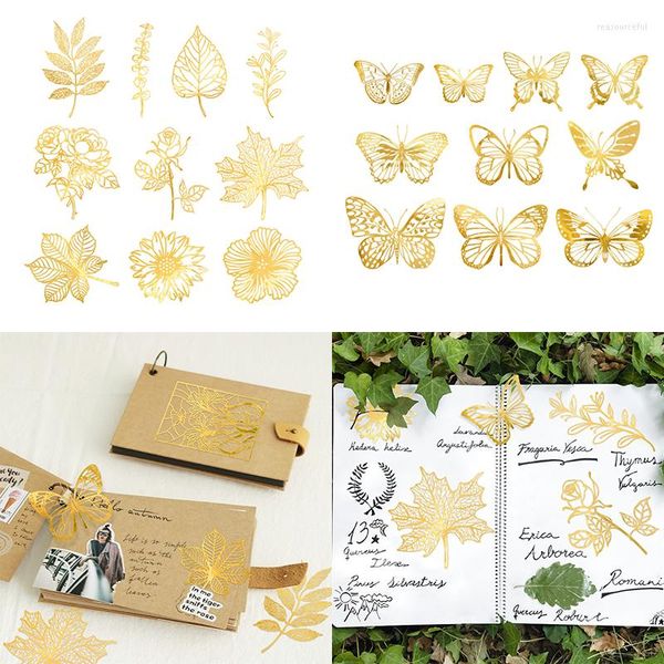 GRESTO DE GREST 10pcs Golden Hollow Lace Papel Romantic Story Series Moon Fluster Butterfly Pet Stickers para Scrapbook Diary Crafts Card Card