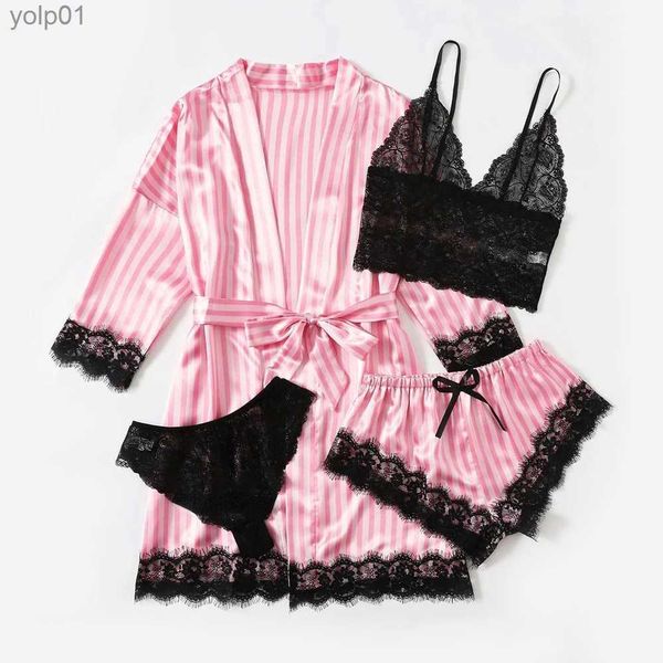 Damen-Nachtwäsche, Damen-Nachtwäsche, 4-teiliges Satin-Pyjama-Set mit floralem Spitzenbesatz und Robe, sexy Pyjama aus Kunstseide, Robe-Sets, lässige Heimkleidung, Nachtwäsche, L231109