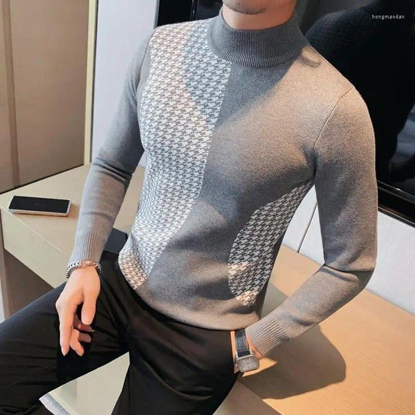 Camiscedores masculinos preto/cinza Autumn Winter Houndstooth para homens roupas Match Match Slim Fit Casual Turtleneck Pull Homme Knitwear 4xl