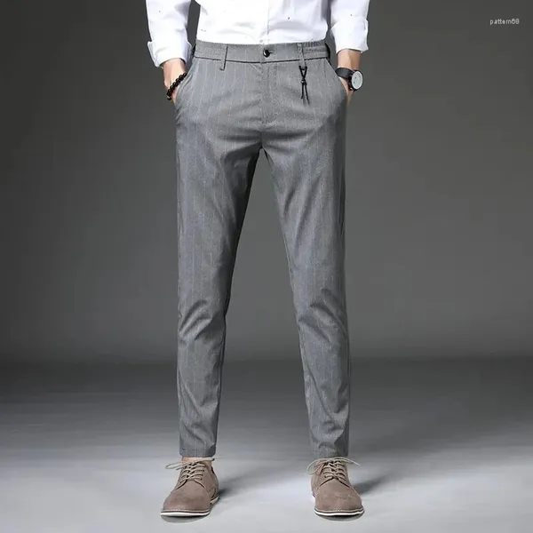 Calças masculinas 2024 primavera verão cinza homens casuais negócios escritório listra masculino magro all-match moda calças retas