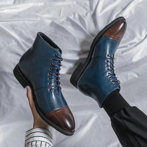 Stivali da uomo corti blu moda fatti a mano alla caviglia con lacci punta quadrata colori misti Botas Cuturno Masculinas
