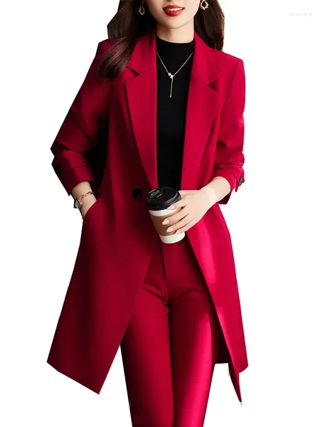 Calças femininas de duas peças outono inverno mulheres trabalho negócios desgaste calça terno vermelho azul preto longo blazer conjunto feminino escritório senhoras jaqueta calças