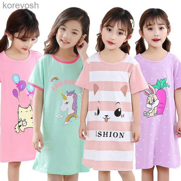 Pijamas crianças meninas 100% algodão camisola dos desenhos animados menina sleepwear camisola verão manga curta roupa de dormir crianças roupasl231109