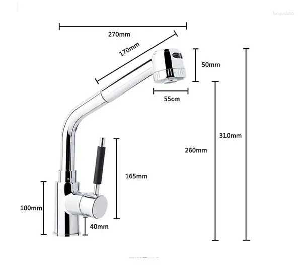 Küchenarmaturen Wasserhahn Chrom-Finish aus massivem Messing, herausziehbare Mischbatterie, Doppelsprühdüse, an Deck montierter Schwenkauslauf für Schiffswaschbecken