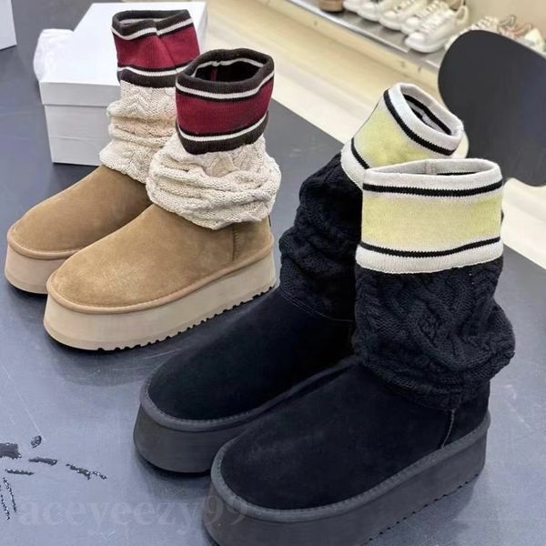 Nova plataforma botas de neve carta mulheres botas altas meias de lã de malha inverno quente algodão empilhamento botas designer ugglie botas tornozelo chinelos