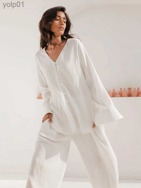 Mulheres sleepwear hiloc branco algodão nightwear longo sle mulheres pijama calças de cintura alta definir single-breasted v-neck casa terno primavera terno feminino l231109