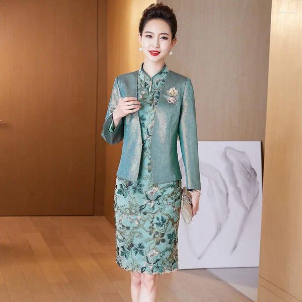 Roupas étnicas Mãe Chinesa da Noiva Vestido Duas Peças Casamento Accasion Cheongsam Tradicional Manga Longa Qipao Vestidos de Noite com