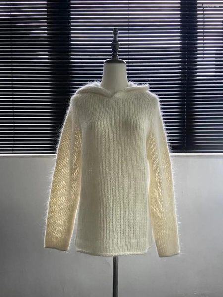 Женские свитера 2023, зимняя одежда, вязаная вручную большая шапка из мохера, свободный и простой белый свитер с капюшоном 1014