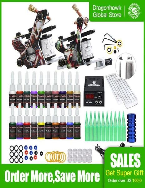 Kit tatuaggio completo per principianti 20 inchiostri colorati Mini alimentatore per tatuaggio Kit tatuaggio economico Set Grip Aghi Suggerimenti Forniture3869626