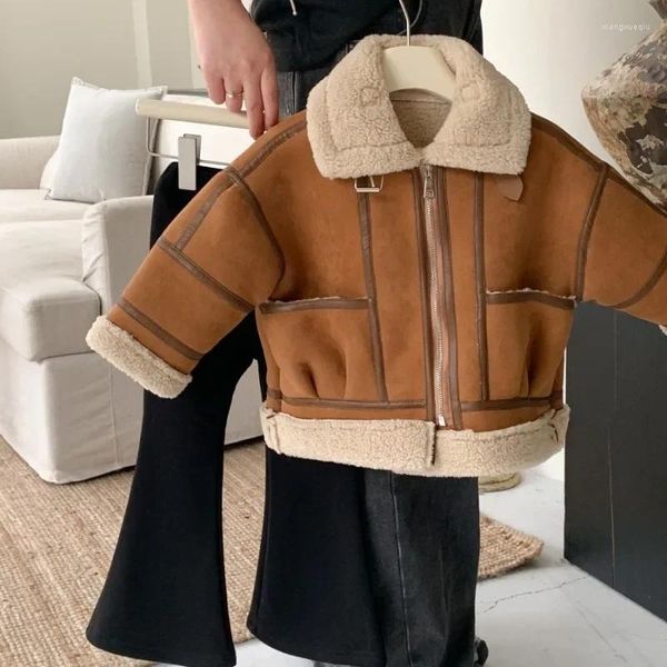 Jaquetas moda pele integrada motocicleta terno crianças jaqueta de pelúcia 2023 roupas de inverno coreano menina bebê casaco
