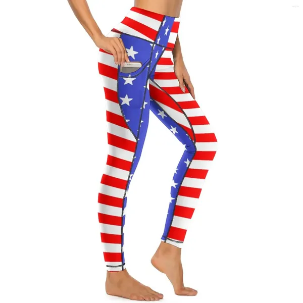 Damen-Leggings, amerikanische Flagge, sexy USA, Sterne und Streifen, Fitness-Yoga-Hose, Push-Up-Stretch-Sport-Strumpfhose, Taschen, lässige, individuelle Leggins