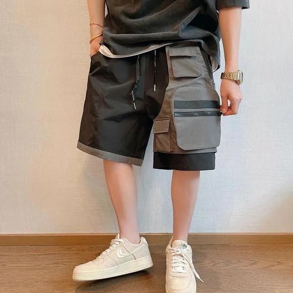 Shorts masculinos homens roupas preto cinza retalhos bolso carga trimestre baggy calças verão moda coreana curto homme streetwear