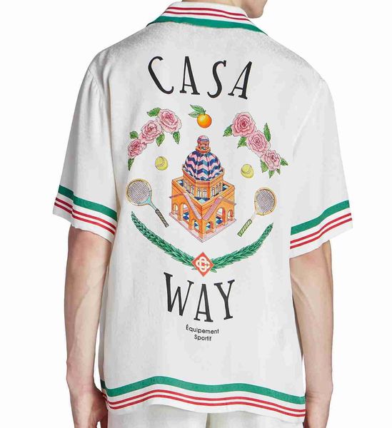Casablanca Designer Shirt 23ss Castle Flowers Men and Women White Twill Seda Camisa Manga Curta Casablanc