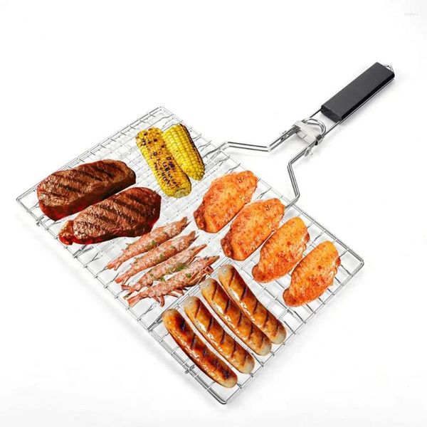 Ferramentas Dobrável Grill Net Com Alça Marisco Grelhar Premium Aço Inoxidável Durável Churrasco Ao Ar Livre Para Camping