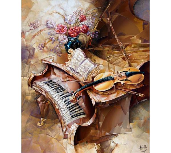 Arte de parede pintada à mão, piano de cauda e violino, tela abstrata, pintura a óleo, imagem feminina para decoração de escritório, presente3081576