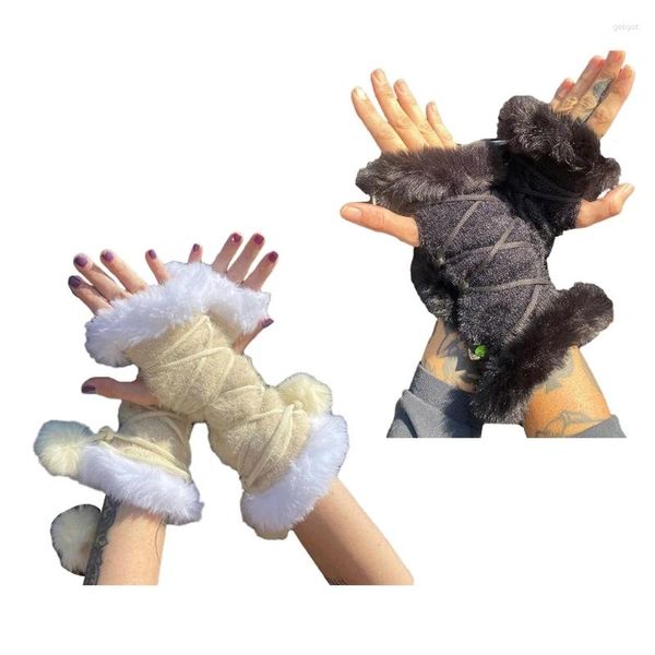 Knieschützer Y2K lange Handschuhe für weibliche handgemachte häkeln pelzige Schnürung dekorative Mädchen Arm Ärmel Handwear Zubehör