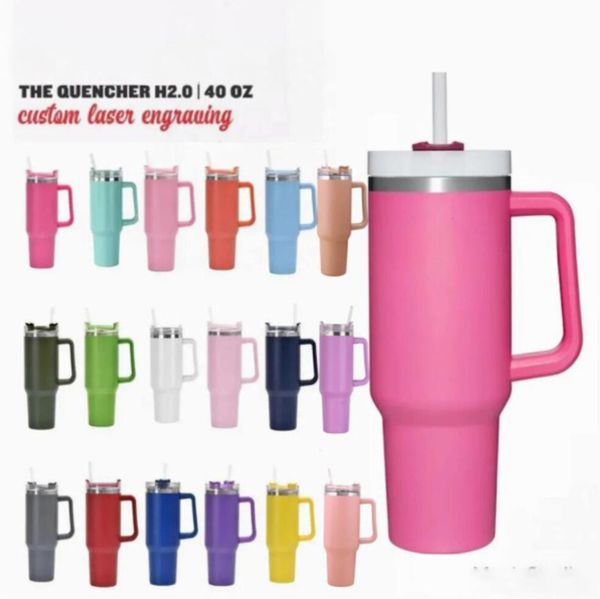 1PC US STOCK 40oz Rose vif en acier inoxydable culbute avec poignée colorée et paille réutilisable isolé voyage gobelet grande capacité bouteille d'eau tasse GG1109