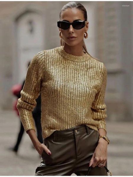 Женские футболки, элегантный золотой яркий шелковый пуловер, свитер, повседневные шикарные джемперы с круглым вырезом и длинными рукавами, осень 2023, женская мода, трикотаж