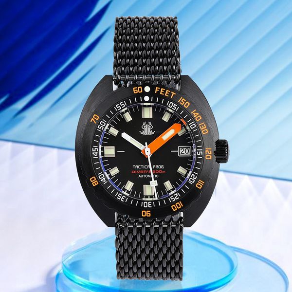 Orologi da polso Tactical Frog Watch V2 Sub 300T Diver Limited Edition PVD Bracciale nero NH35 Meccanico automatico LuminosoOrologi da polso