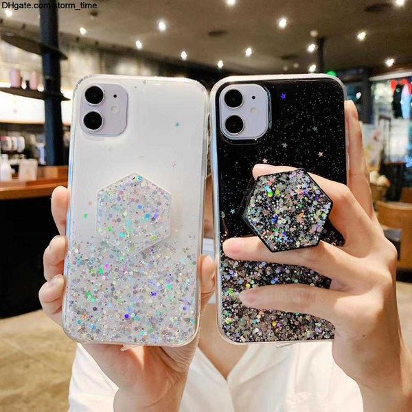 Caso glitter bling para iphone 13 12 11 pro max xs max xr x caso de silicone transparente para iphone 8 7 6s plus capa suporte capa presente