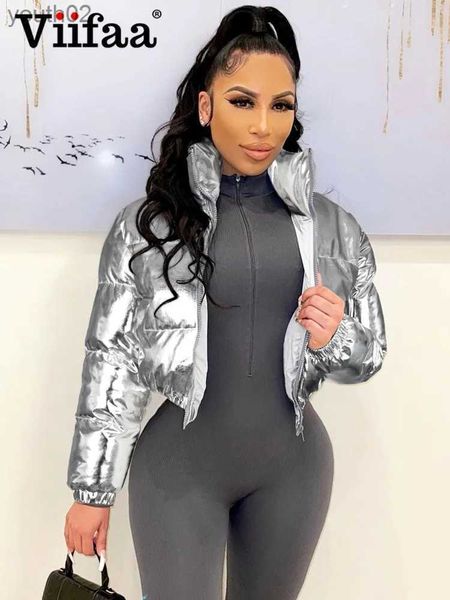 Pele feminina pele sintética viifaa prata metálica y2k moda parkas roupas de inverno mulheres gola colheita puffer jaqueta streetwear quente engrossar casacos zln231109