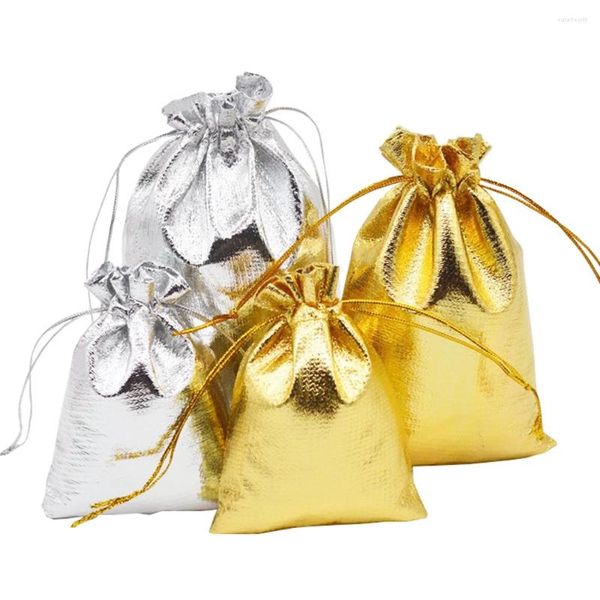 Мешочки для ювелирных изделий, 50 шт., упаковочная тканевая сумка, золотой цвет, фольга, ткань, подарочные упаковочные пакеты на шнурке, 7x9 см, 9x12 см, свадебное хранение