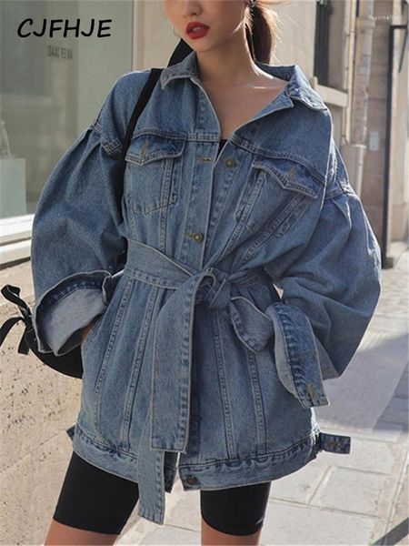 Kadın Ceketleri Cjfhje Sarı Dantel Yukarı Gevşek Dış Giyim Yüksek Sokak Moda Sonbahar Kış Denim Kadınlar Günlük Vintage Mavi Katlar Lady