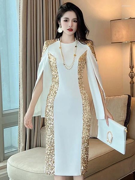Sıradan Elbiseler Zarif Ev Sahibi Banquet Gece Elbise Kadınlar 2023 Lüks Stil Altın Sequins Beyaz İnce Robe Femme Partisi Balo Vestidos Podyum