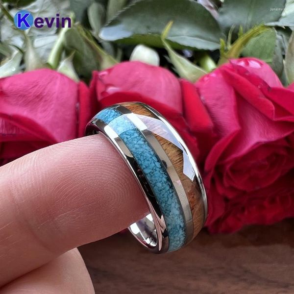 Anéis de casamento 8mm anel de tungstênio original de 8mm Momen Mulheres Moda de noivado com Turquesa Koa Wood Incluste Comfort Fit Fit