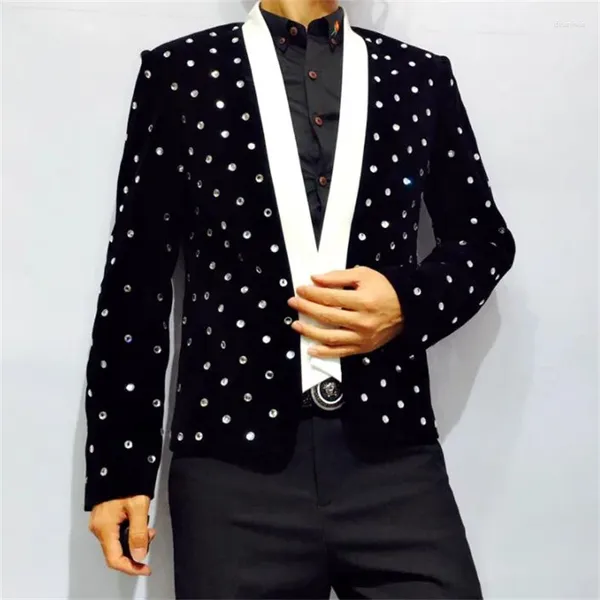 Ternos masculinos coreanos slim fit blazers homens jaquetas casaco casual gola contraste cor cardigan diamante incorporação desempenho preto