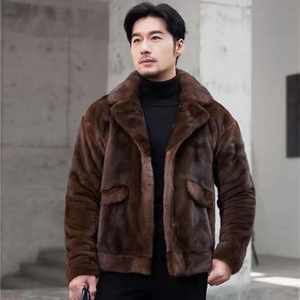 Pele masculina falso real vison casaco de inverno masculino luxo curto terno colarinho importado jaqueta 2023 marrom escuro mangas compridas pode personalizado 231108
