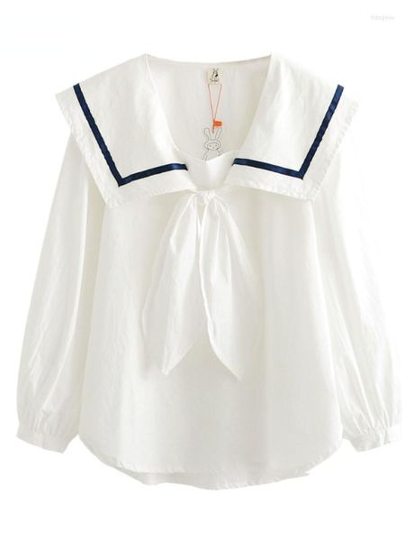 Женские блузки высококачественная хлопковая белая блуза Женщины летнее винтаж с длинным рукавом матрос