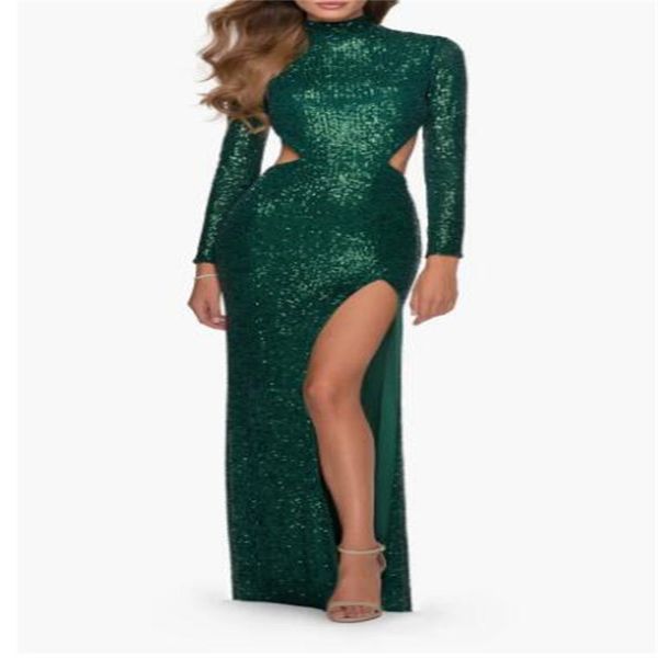 Smaragdgrünes Pailletten-Luxus-Duba-Arabisch-Meerjungfrau-Abendkleid mit langen Ärmeln und seitlichem Schlitz für Damen, Abschlussball-Party-Kleider mit Stehkragen