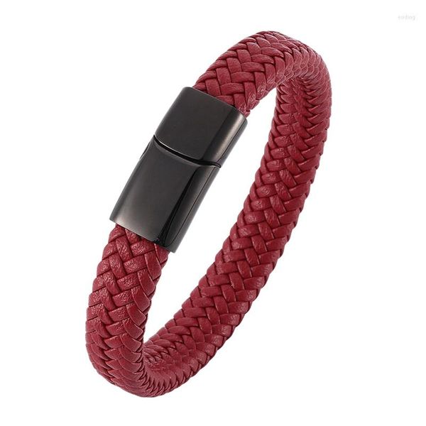 Charm Bracelets Trendy Mens Red Braided Leather Bracelet Einfache Männer Schmuck Edelstahl Magnetverschluss Male Fashion Bangles SP0015