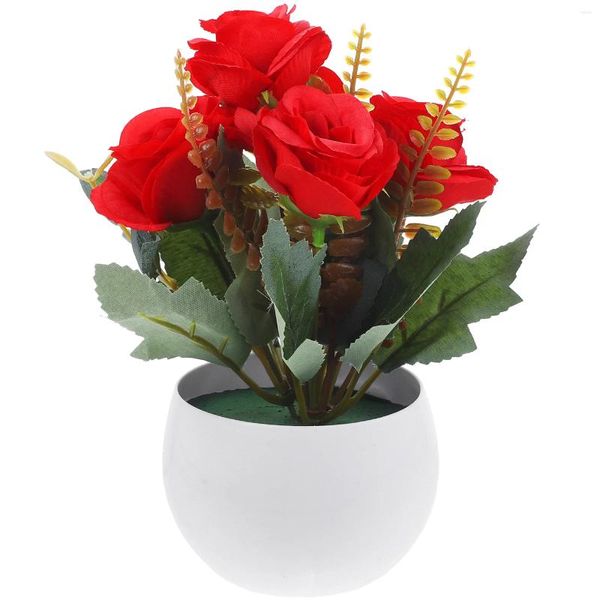 Flores decorativas falso vaso bonsai desktop flor artificial decoração plantas em vaso falso rosa