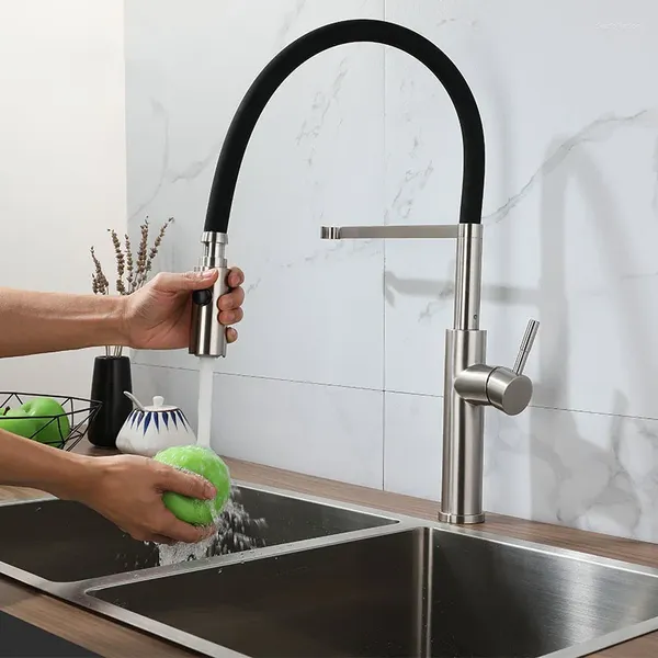 Rubinetti da cucina Rubinetto per lavabo per verdure in acciaio inossidabile 304 Rubinetto per tubo flessibile in silicone nero Lavello per nichel e rubinetto misto freddo