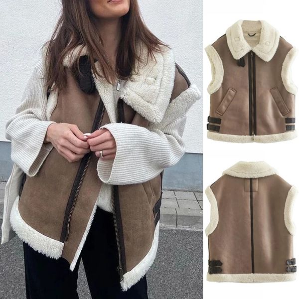 Damenwesten Frauen Mode Patchwork ärmellose Weste Weste lose verdicken Revers Wildleder Pelz Jacke Mantel Herbst Winter schicke Tops Outwear 231108