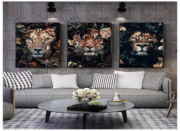 Flor animal leão tigre veado leopardo abstrato pintura em tela arte da parede impressão nórdica cartaz decorativo imagem sala de estar decoração 25347634