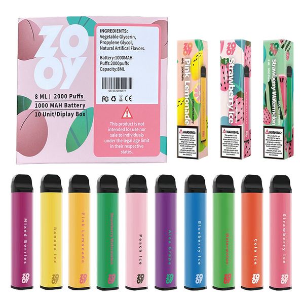 zooy XXL 2000 Puff Bars Gerät Elektronische Einwegzigaretten Vape Pen 800 mAh Akku 20 mg 50 mg Pods Vorgefülltes Dampfset Lieferung verzollt 24 Geschmacksrichtungen