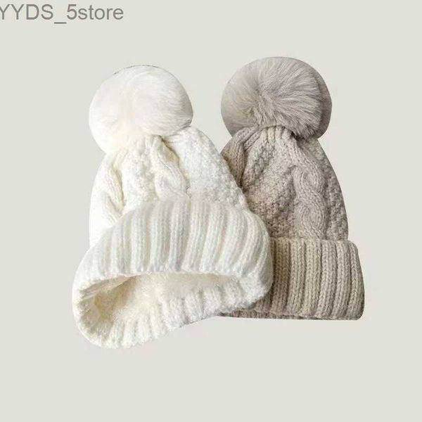 Beanie/Schädelkappen Neue Winter Stricken Einfarbig Hut Für Frauen Fell Pompon Dicken Plüsch Beanie Kappe Damen Warme Ski schnee Skullies Beanies YQ231108