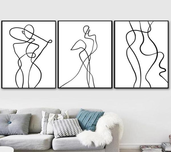 3pcsset Nordic Abstract Line Disegno tela art boay dipingendo Minimalist Black White Curve Figura Poster murale per Liv2229264