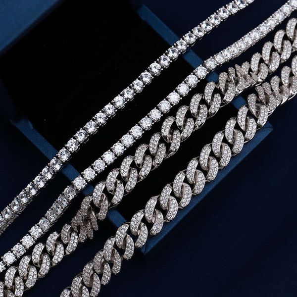 Collana da uomo con catena a maglia reale con taglio a diamante e moissanite cubana di Miami da 11 mm, argento sterling