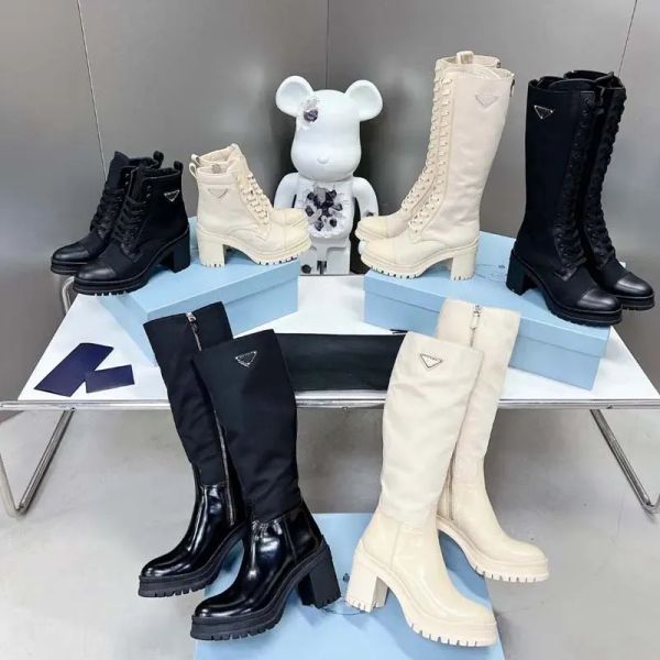 Stivali firmati nuovo autunno e inverno top brand da donna in pelle lucida e nylon stringati tacchi alti stivaletti di media lunghezza martin stivali stivali di pelle