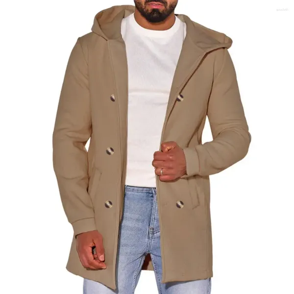 Casacos masculinos outono inverno casaco com capuz bolsos duplos cor sólida comprimento médio solto cardigan manga comprida grosso casaco quente lo