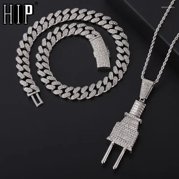 Correntes Hip Hop Bling Iced Out Plug Pingentes Colar Cubano Corrente para Mulheres Homens Brilhantes Rappers Metal Jóias Presente