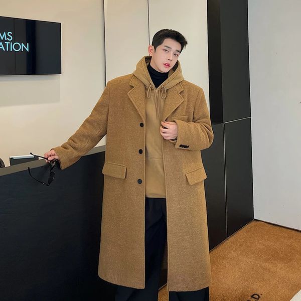 Männer Wollmischungen Männer Herbst Winter Koreanische Streetwear Mode Vintage Wolle Kamel Verdicken Trenchcoat Männliche Mantel Lange Jacke Oberbekleidung 231109